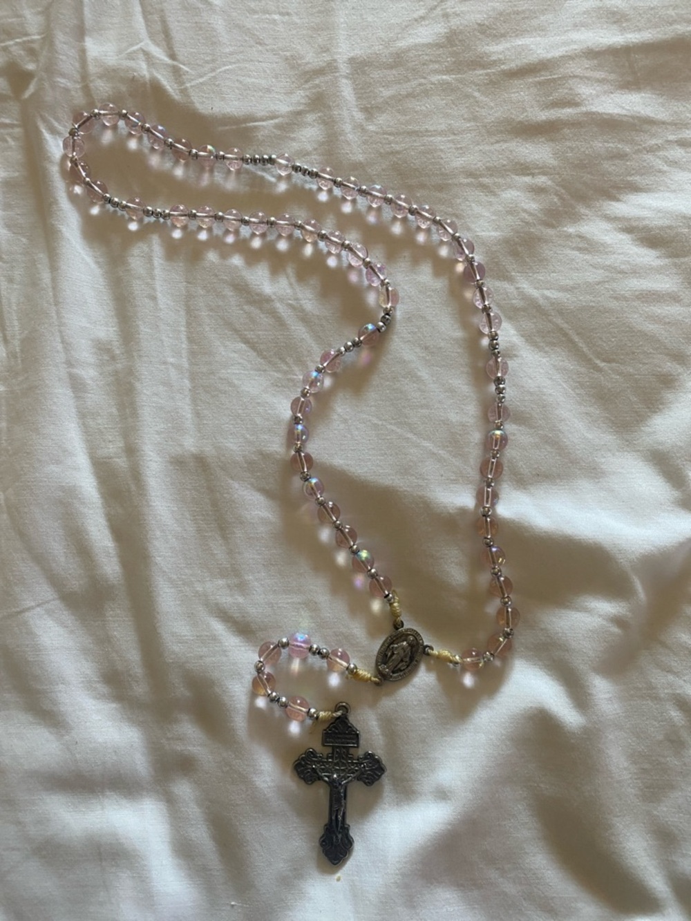Pink Beaded Rosary Necklace with Cross